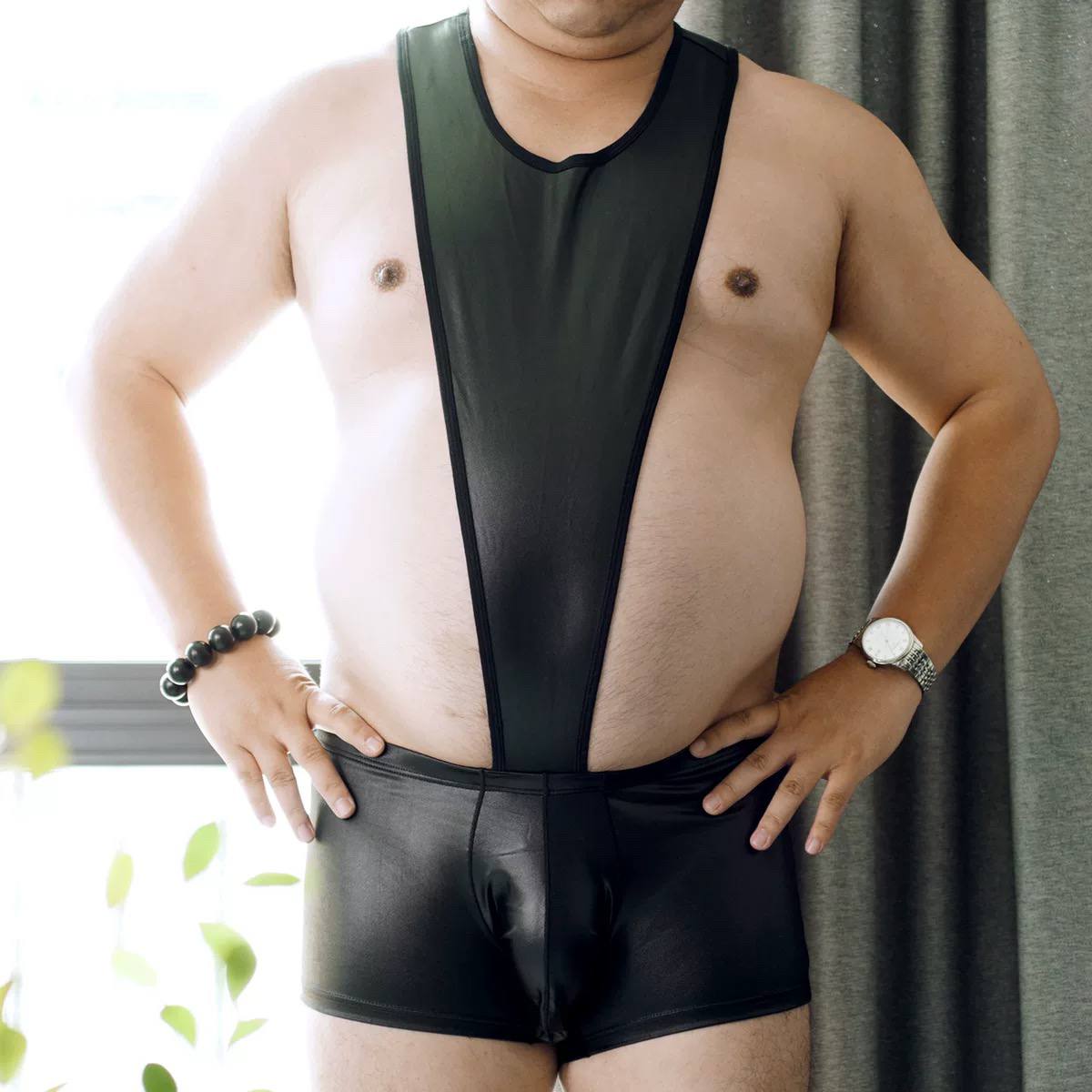 Men's jumpsuit underwear sexy faux leather underwear nightclubs bar performance clothes chubby bear monkey plus size